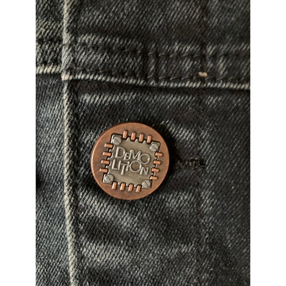 DEMOLITION Men's Distressed Black Denim Jacket Red Graphic Ripped Punk Size M - Picture 8 of 15